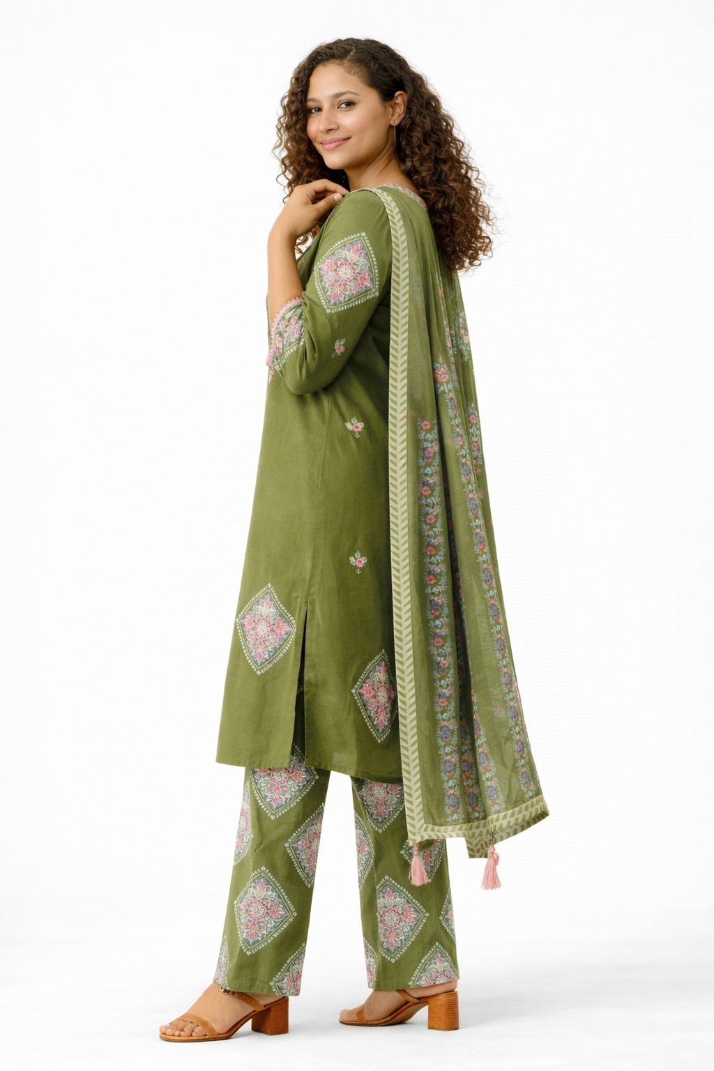 Olive Green Embroidered Pure Cotton Kurta Pant Dupatta Set
