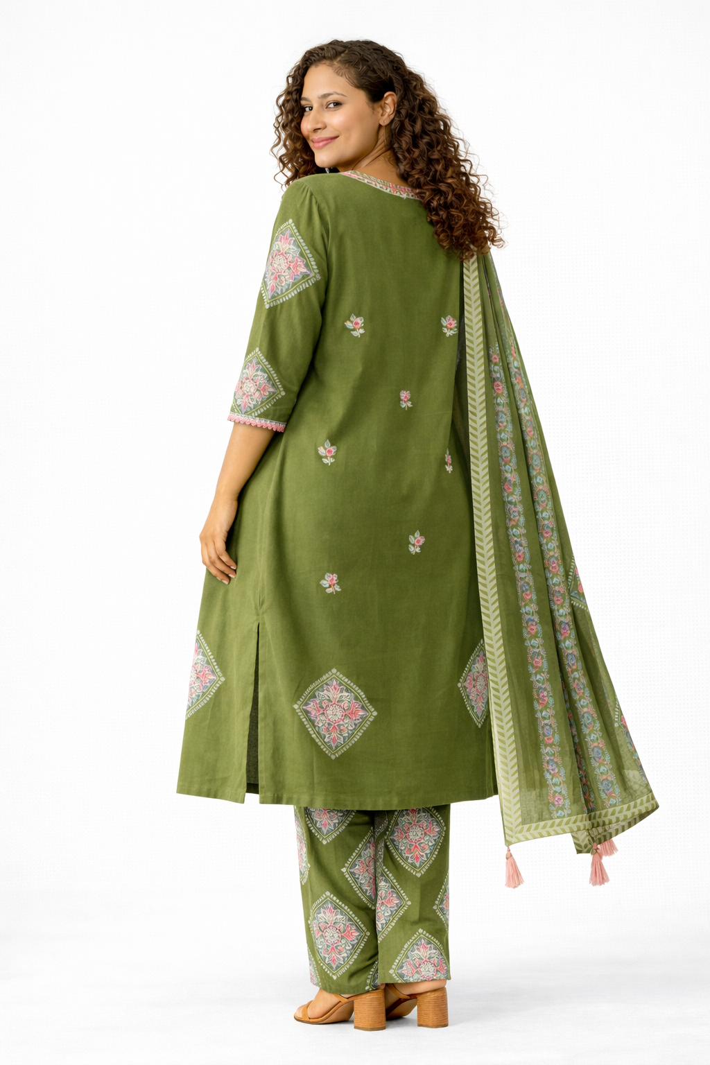 Olive Green Embroidered Pure Cotton Kurta Pant Dupatta Set