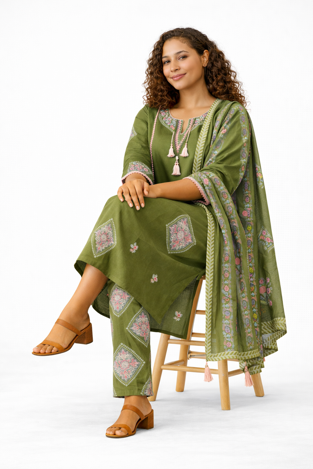 Olive Green Embroidered Pure Cotton Kurta Pant Dupatta Set