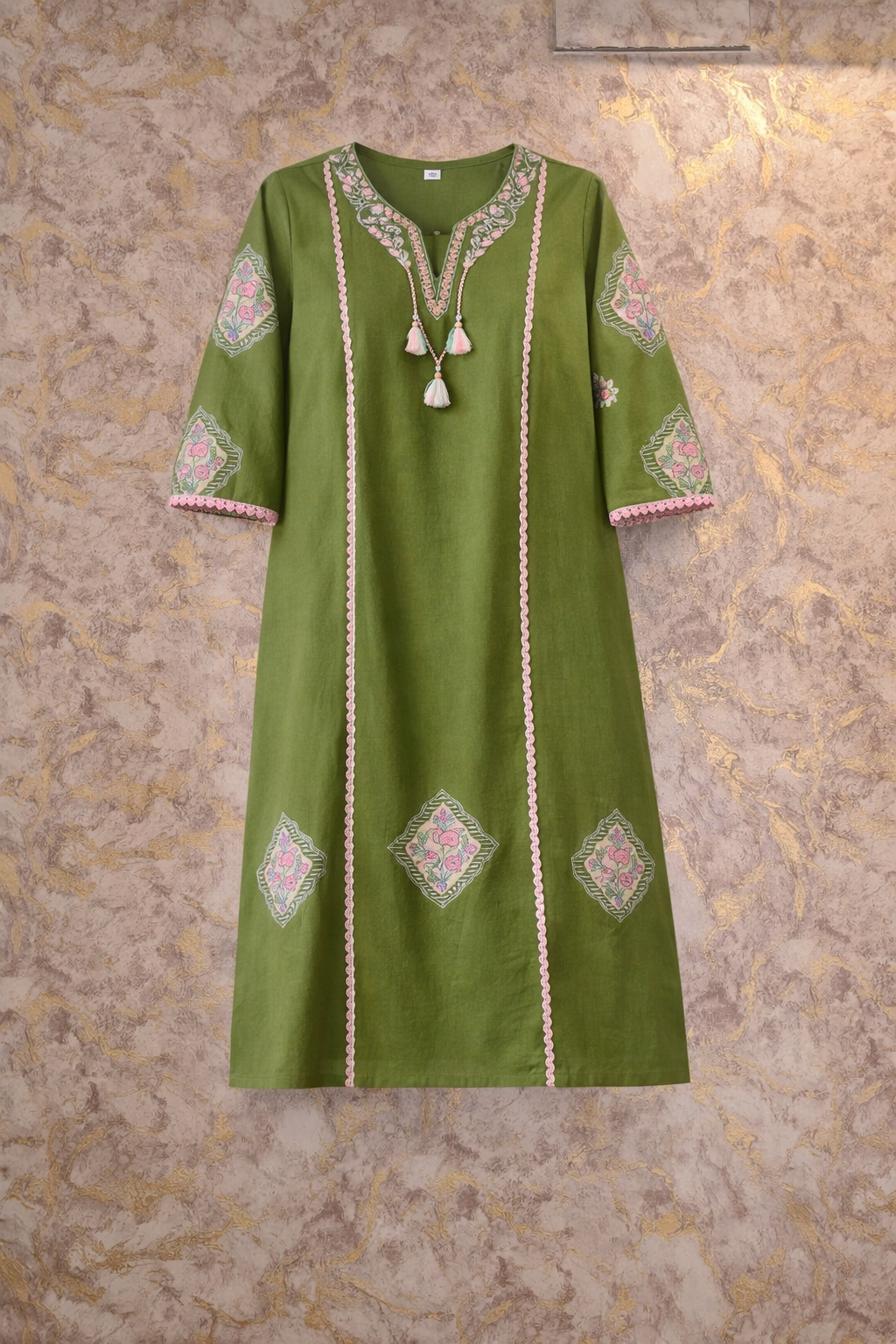 Olive Green Embroidered Pure Cotton Kurta Pant Dupatta Set