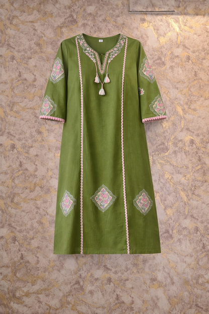 Olive Green Embroidered Pure Cotton Kurta Pant Dupatta Set