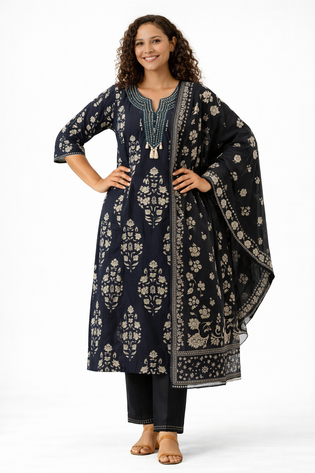 Charcoal Black Printed Pure Cotton Kurta Pant Dupatta Set
