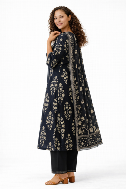 Charcoal Black Printed Pure Cotton Kurta Pant Dupatta Set