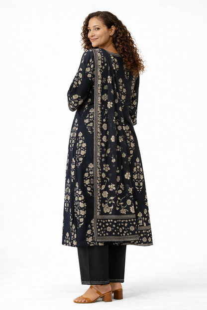 Charcoal Black Printed Pure Cotton Kurta Pant Dupatta Set
