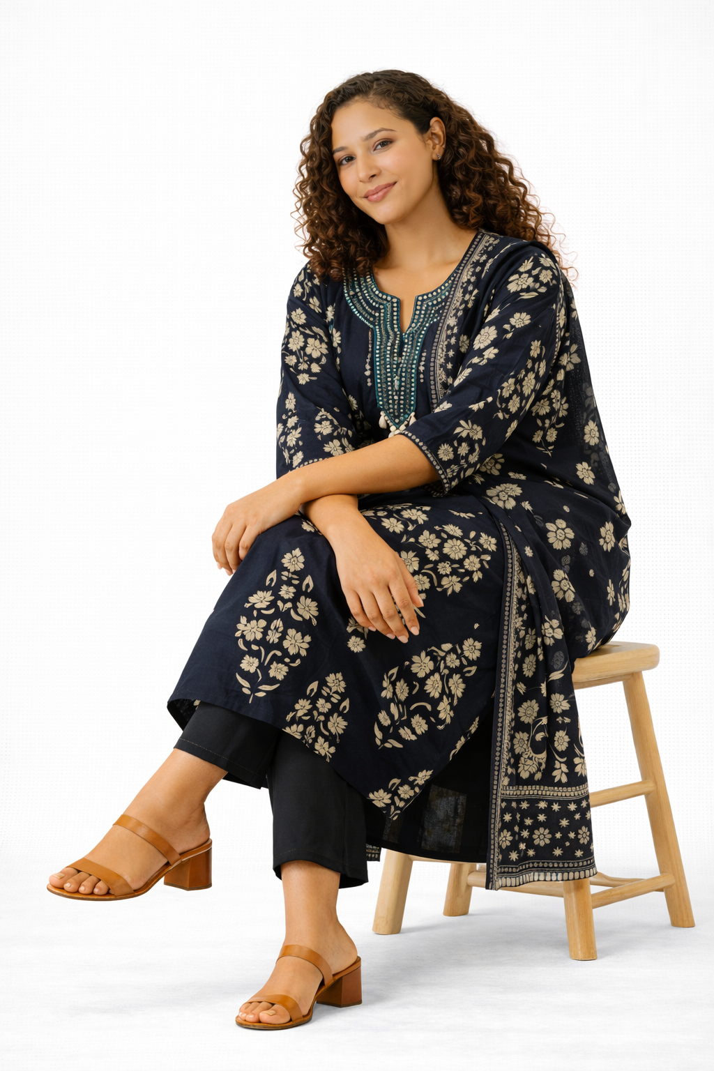 Charcoal Black Printed Pure Cotton Kurta Pant Dupatta Set