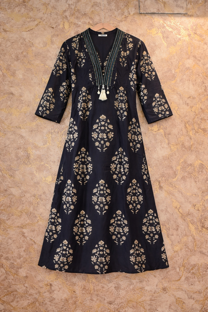 Charcoal Black Printed Pure Cotton Kurta Pant Dupatta Set