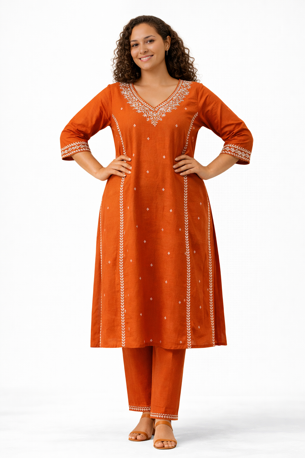 Rust Orange Embroidered Pure Cotton Kurta Pant Dupatta Set