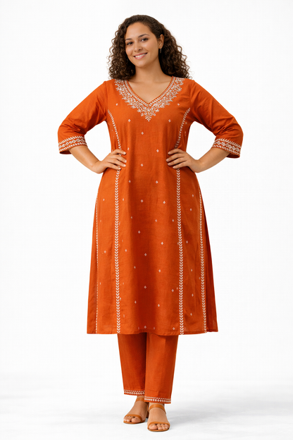 Rust Orange Embroidered Pure Cotton Kurta Pant Dupatta Set