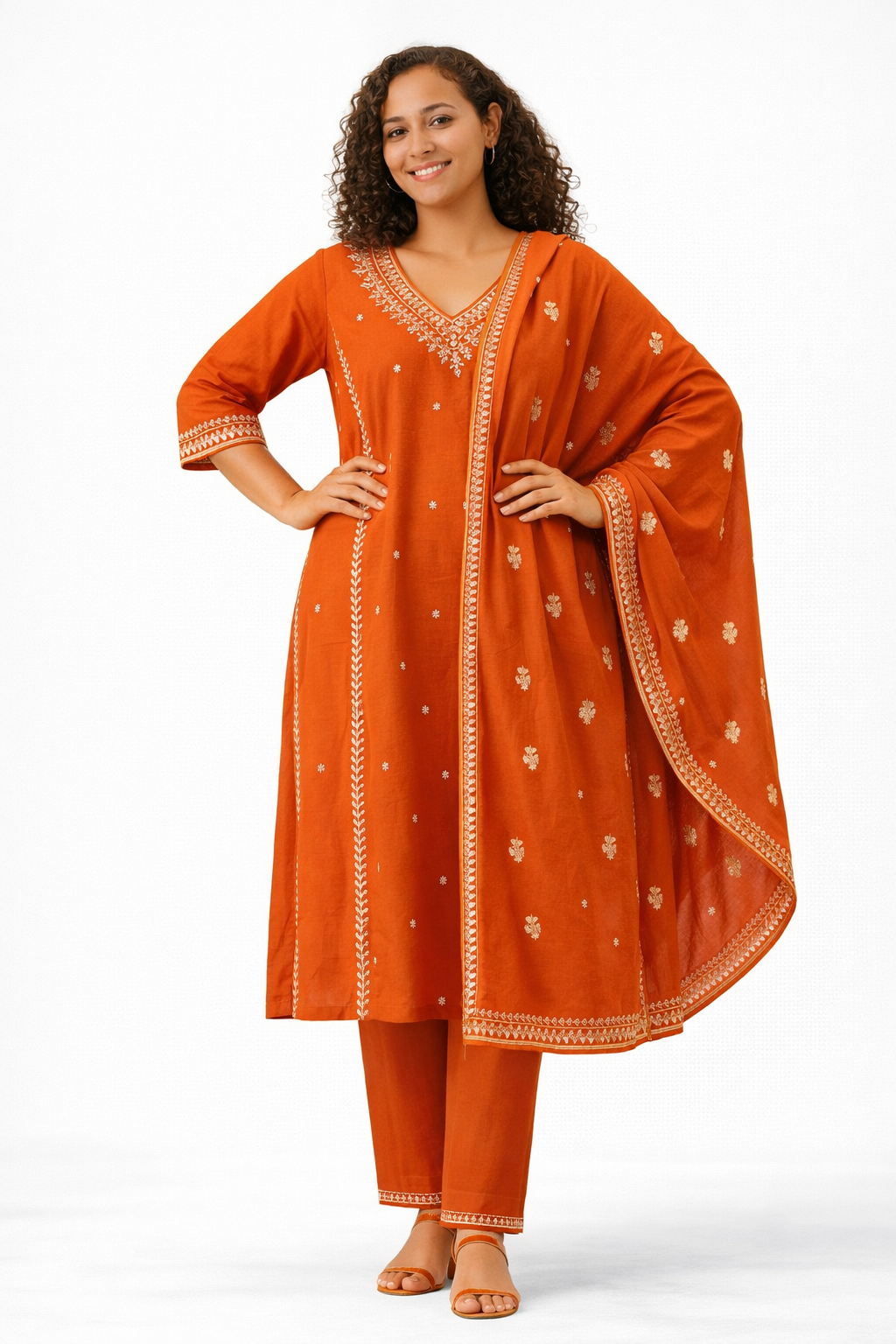 Rust Orange Embroidered Pure Cotton Kurta Pant Dupatta Set