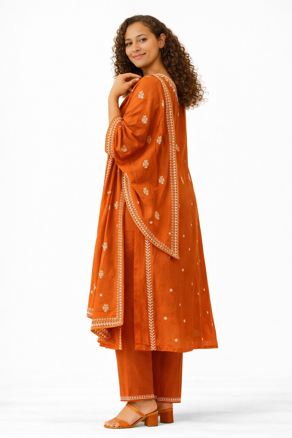 Rust Orange Embroidered Pure Cotton Kurta Pant Dupatta Set