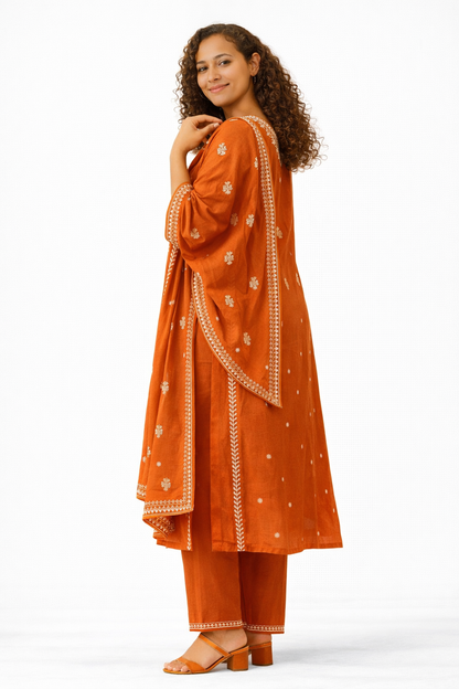 Rust Orange Embroidered Pure Cotton Kurta Pant Dupatta Set