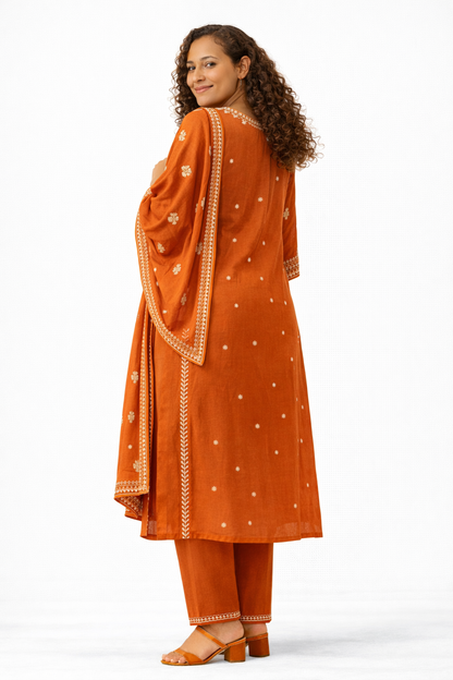 Rust Orange Embroidered Pure Cotton Kurta Pant Dupatta Set