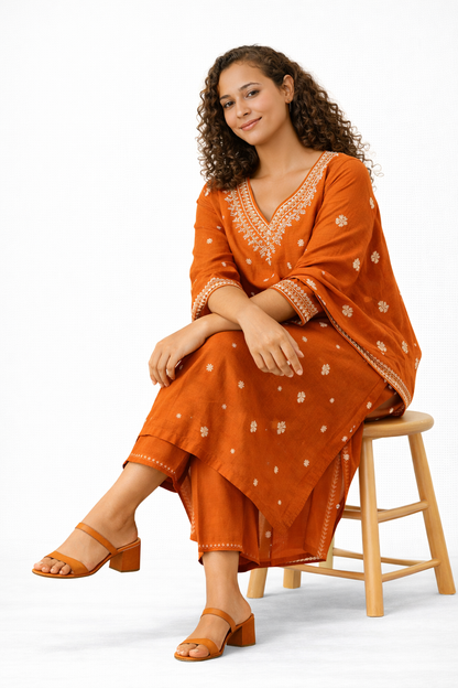 Rust Orange Embroidered Pure Cotton Kurta Pant Dupatta Set