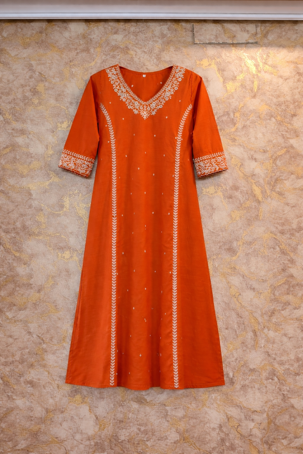 Rust Orange Embroidered Pure Cotton Kurta Pant Dupatta Set