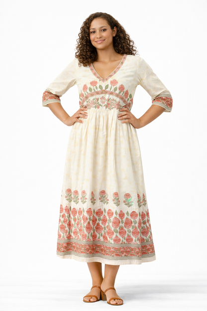 Off-White Floral Printed Pure Cotton Anarkali Kurta with Dupatta Set