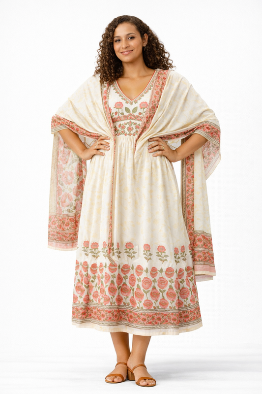 Off-White Floral Printed Pure Cotton Anarkali Kurta with Dupatta Set