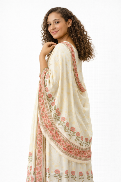 Off-White Floral Printed Pure Cotton Anarkali Kurta with Dupatta Set