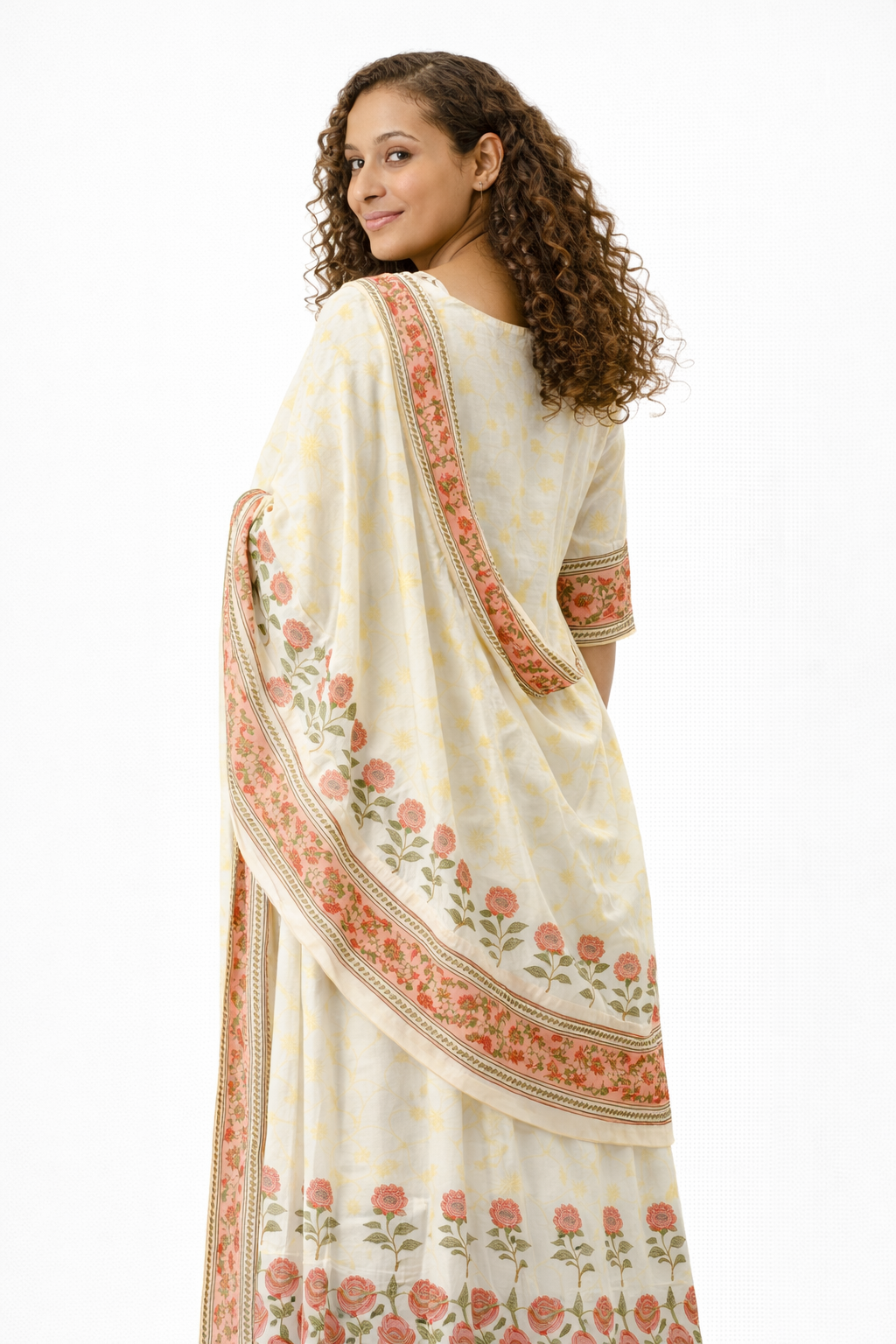 Off-White Floral Printed Pure Cotton Anarkali Kurta with Dupatta Set