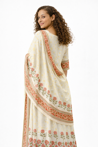 Off-White Floral Printed Pure Cotton Anarkali Kurta with Dupatta Set