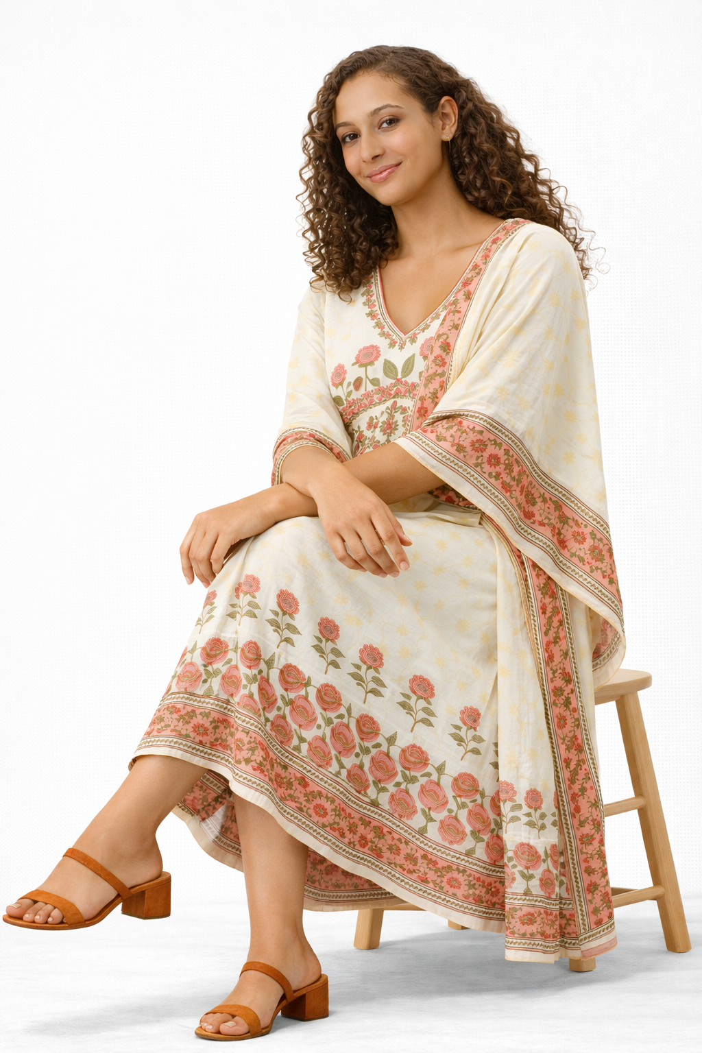 Off-White Floral Printed Pure Cotton Anarkali Kurta with Dupatta Set