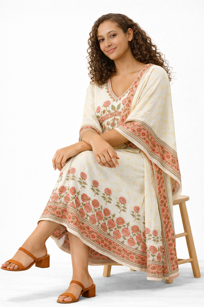 Off-White Floral Printed Pure Cotton Anarkali Kurta with Dupatta Set
