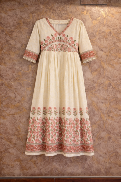 Off-White Floral Printed Pure Cotton Anarkali Kurta with Dupatta Set