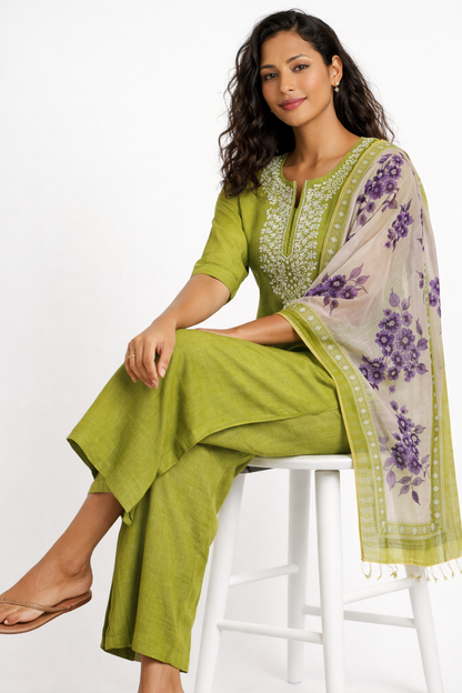 Olive Green Pure Cotton Straight Kurta Set
