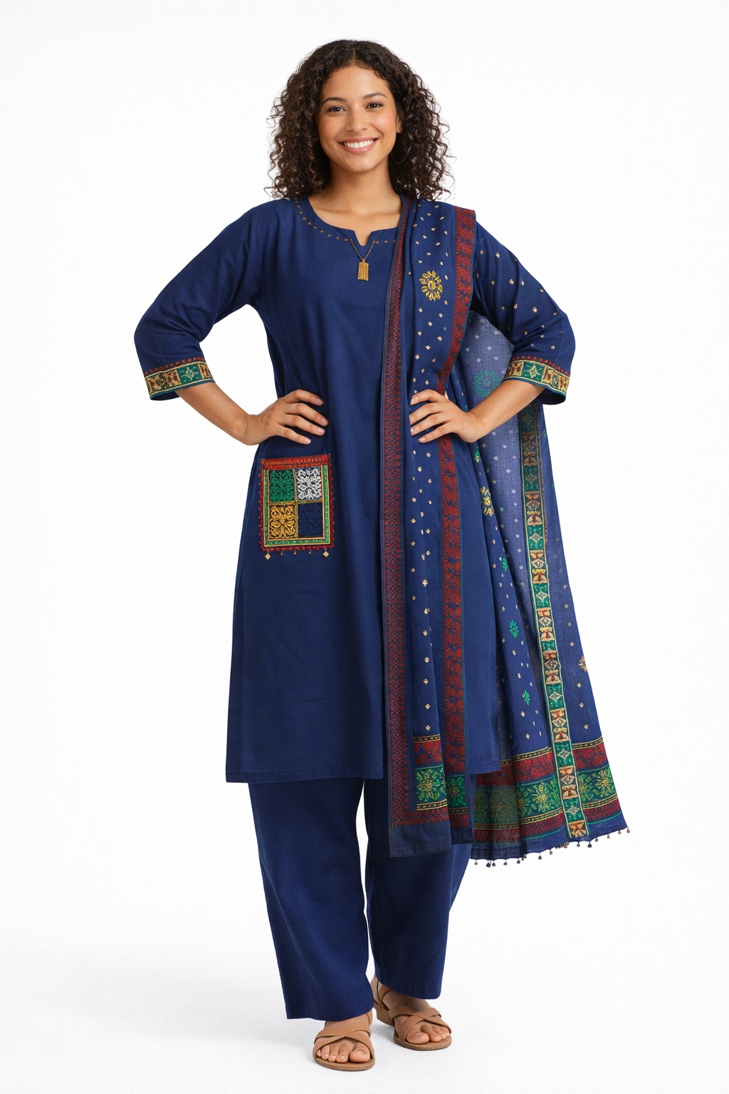 Navy Blue Embroidered Cotton Kurta Set with Multicolor Patch