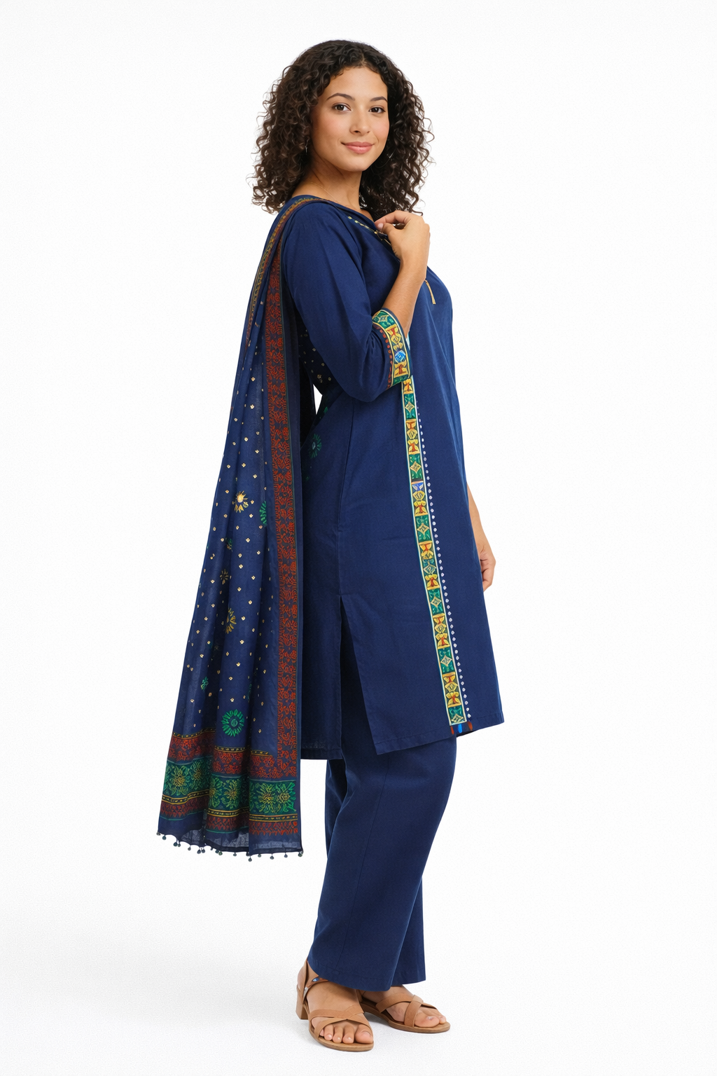Navy Blue Embroidered Cotton Kurta Set with Multicolor Patch