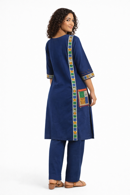 Navy Blue Embroidered Cotton Kurta Set with Multicolor Patch