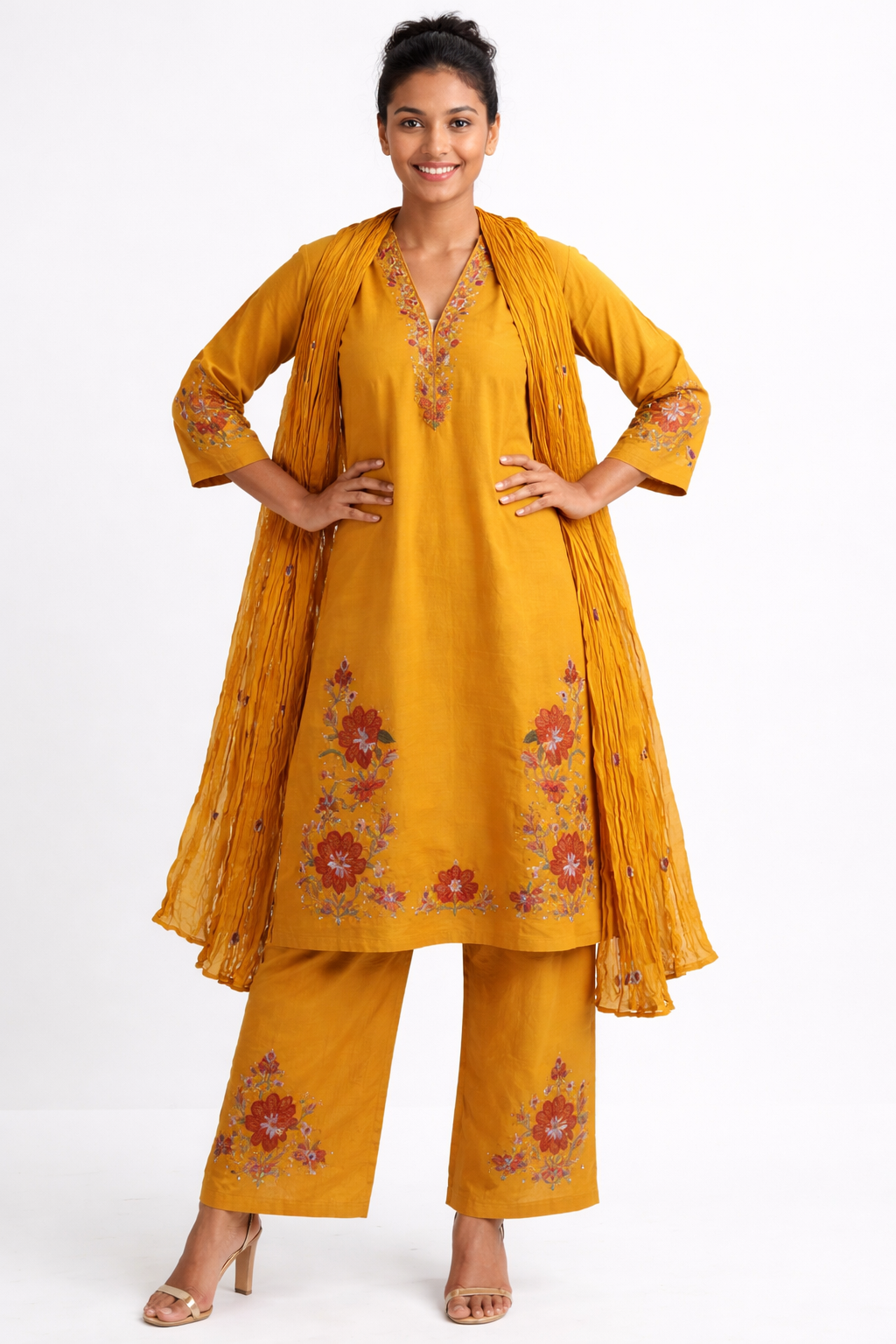 Mustard Yellow Hand-Embroidered Khadi Cotton Kurta Set