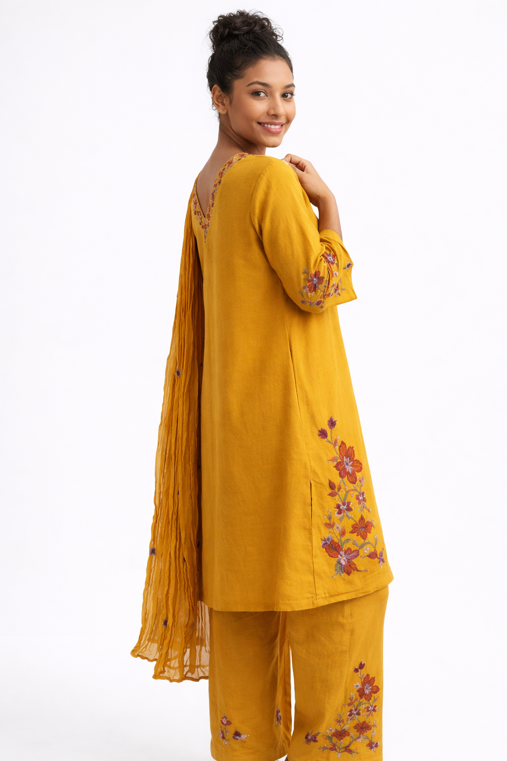 Mustard Yellow Hand-Embroidered Khadi Cotton Kurta Set