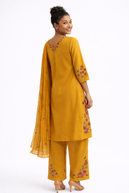 Mustard Yellow Hand-Embroidered Khadi Cotton Kurta Set