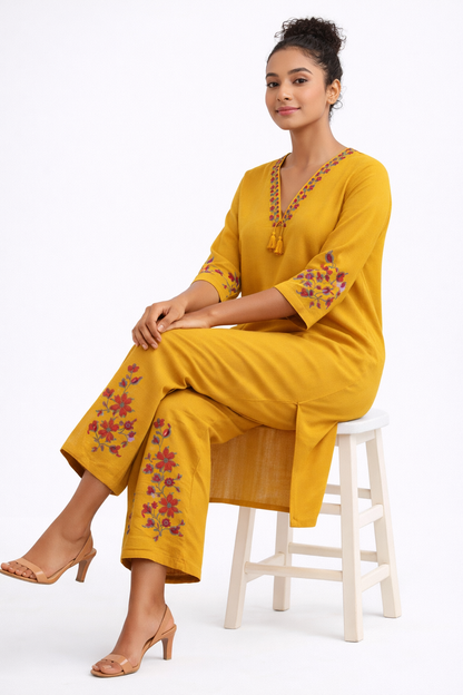 Mustard Yellow Hand-Embroidered Khadi Cotton Kurta Set