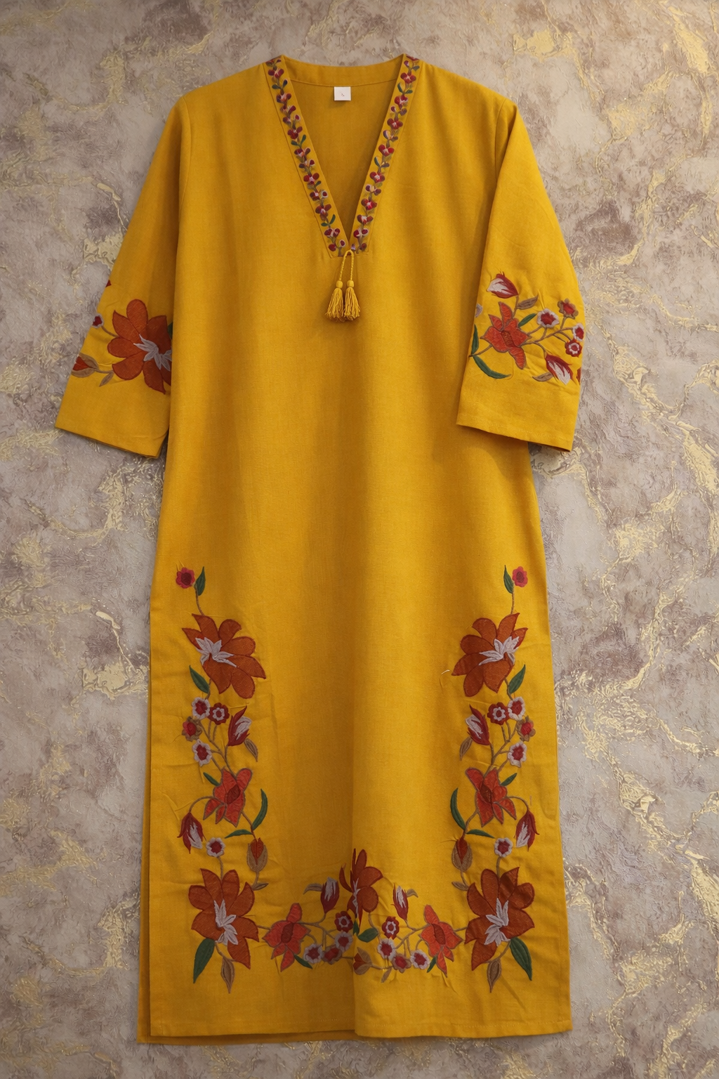Mustard Yellow Hand-Embroidered Khadi Cotton Kurta Set
