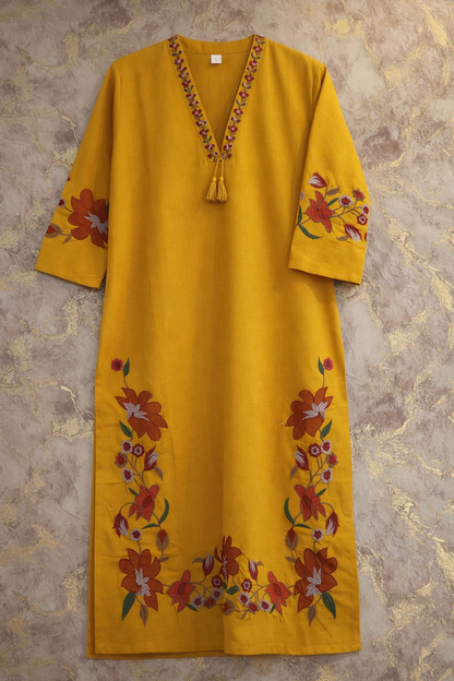 Mustard Yellow Hand-Embroidered Khadi Cotton Kurta Set