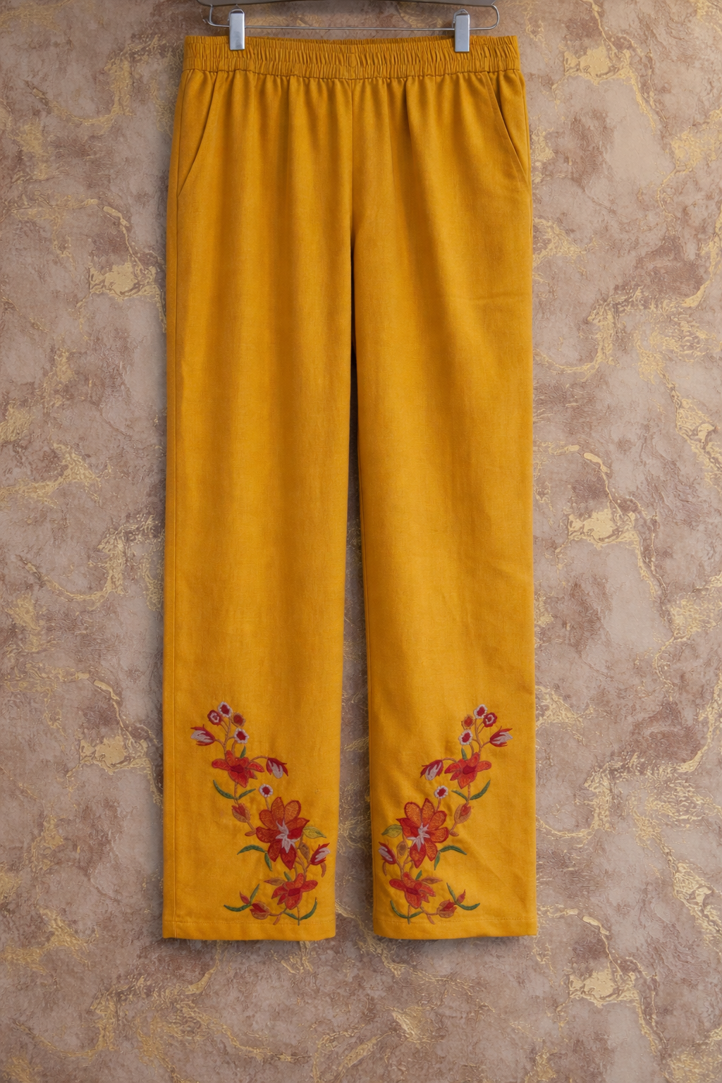 Mustard Yellow Hand-Embroidered Khadi Cotton Kurta Set