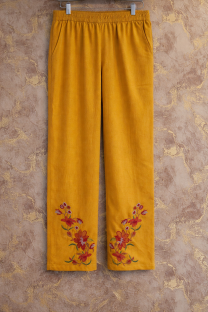 Mustard Yellow Hand-Embroidered Khadi Cotton Kurta Set