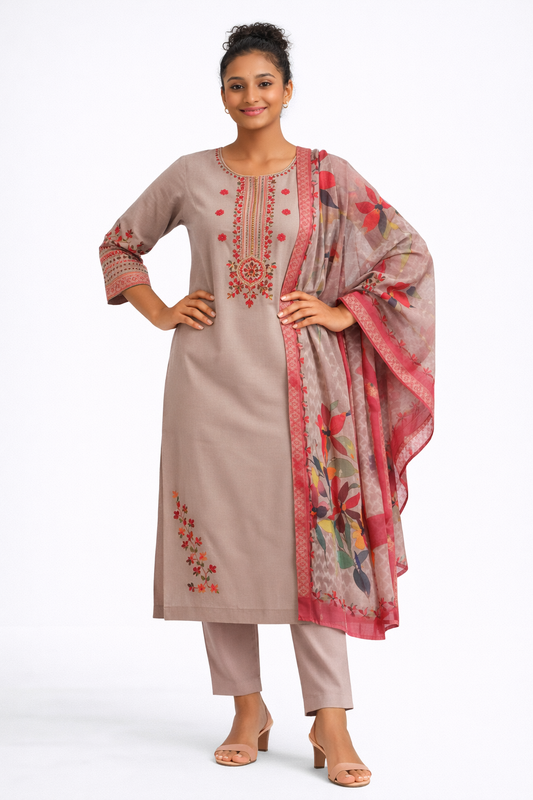 Beige Embroidered Rayon Kurta Set with Floral Printed Dupatta