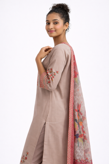 Beige Embroidered Rayon Kurta Set with Floral Printed Dupatta