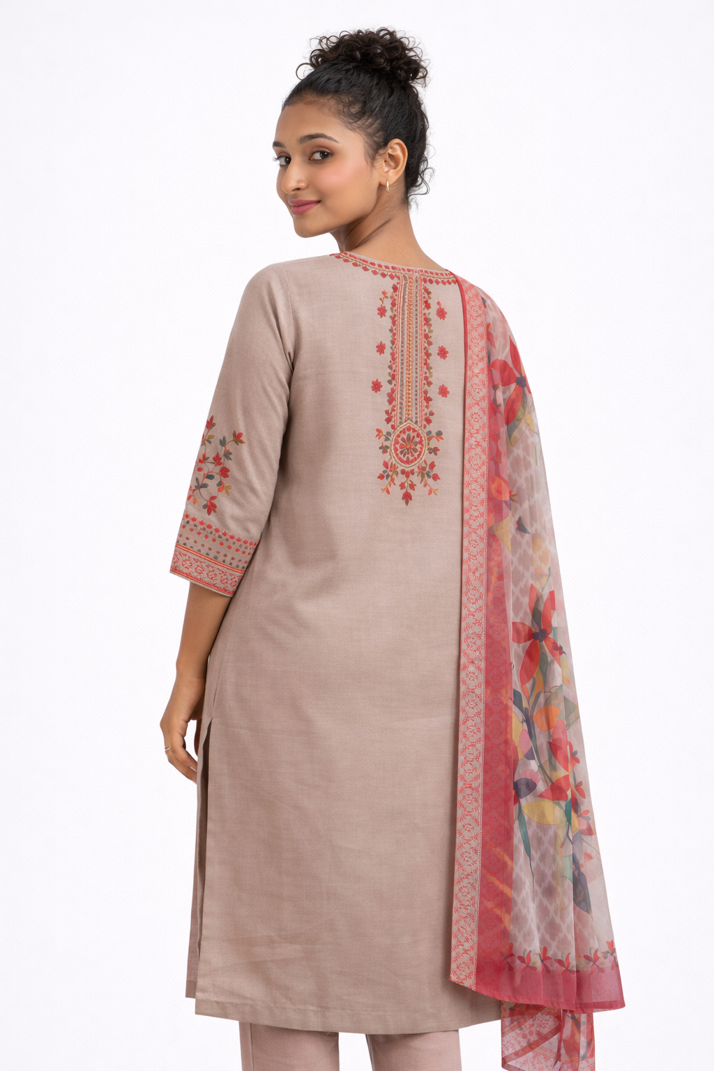Beige Embroidered Rayon Kurta Set with Floral Printed Dupatta