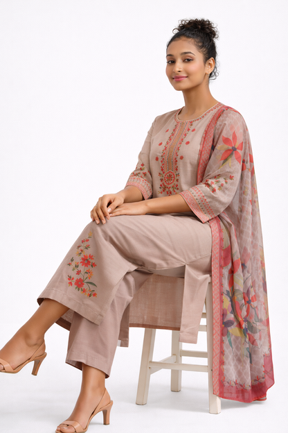 Beige Embroidered Rayon Kurta Set with Floral Printed Dupatta
