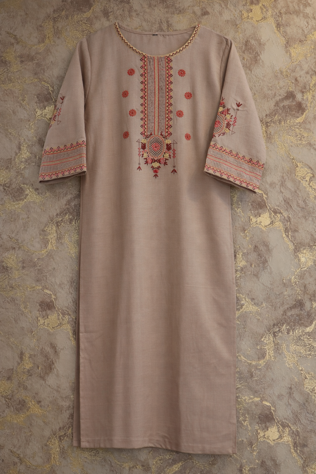 Beige Embroidered Rayon Kurta Set with Floral Printed Dupatta