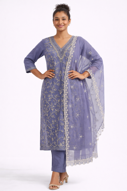 Lavender Organza Embroidered Kurta Set