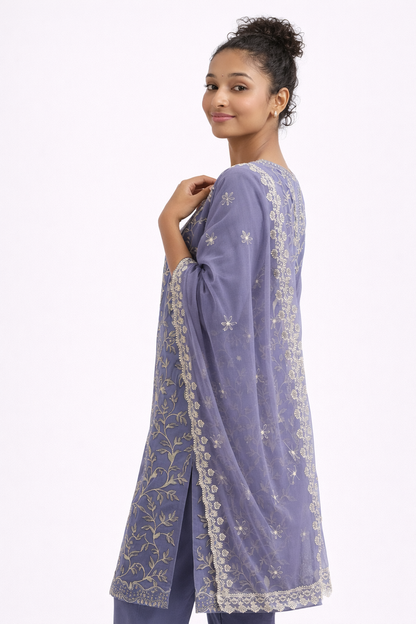Lavender Organza Embroidered Kurta Set