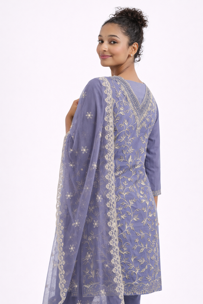 Lavender Organza Embroidered Kurta Set