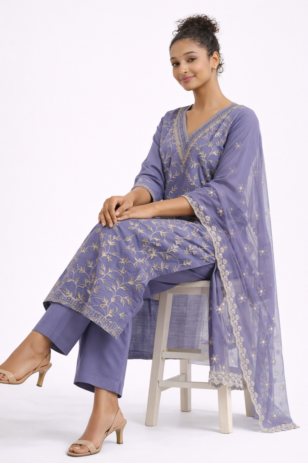 Lavender Organza Embroidered Kurta Set