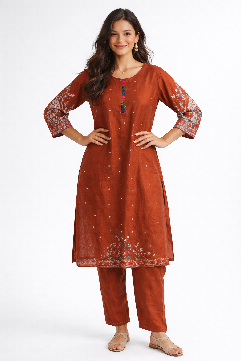 Terracotta Rust Embroidered Visco Silk Kurta Set