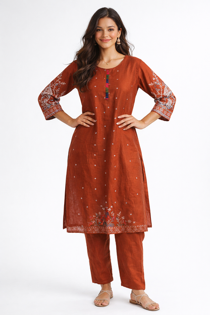 Terracotta Rust Embroidered Visco Silk Kurta Set