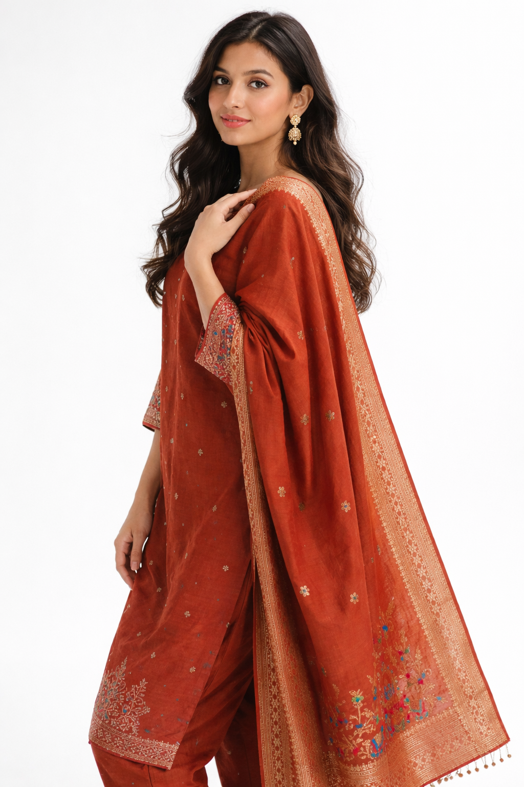 Terracotta Rust Embroidered Visco Silk Kurta Set